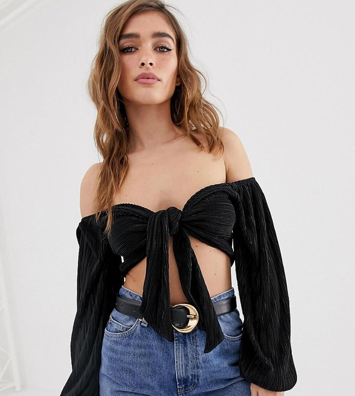 Asos Design Petite Bardot Crop Top With Tie Front In Plisse - Black