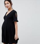 Asos Design Maternity Mini V Neck Smock Dress With Frill Cuff - Black