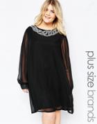 Goddiva Plus Shift Dress With Embellished Neckline - Black