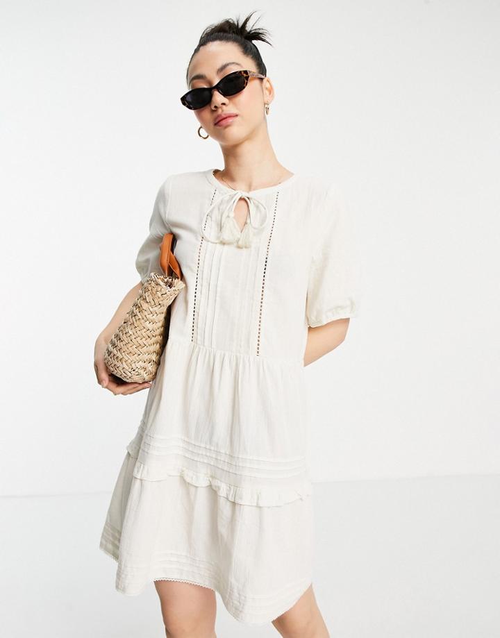 Vero Moda Organic Cotton Tie Neck Detail Mini Smock Dress In Off White