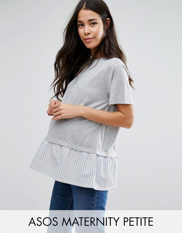 Asos Maternity Petite Tee With Woven Stripe Frill Hem - Gray