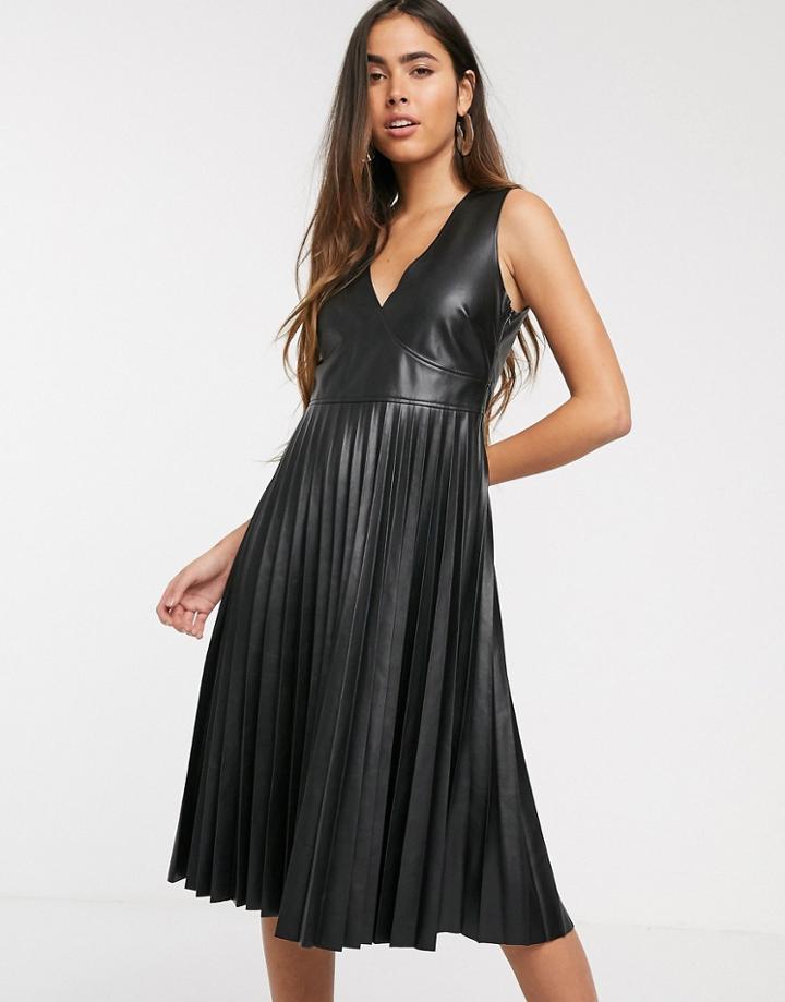 Stradivarius Pleated Faux Leather Dress In Black