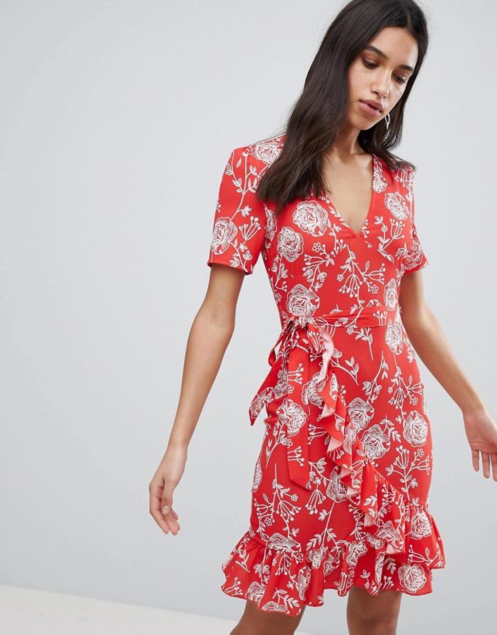 Parisian Floral Print Wrap Midi Dress - Red