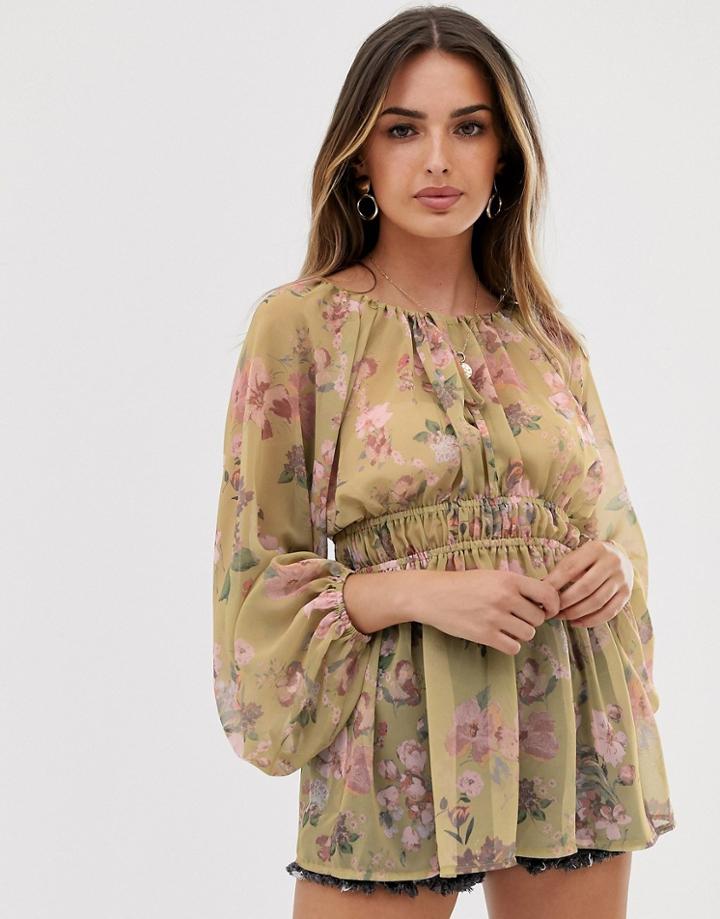 Asos Design Long Sleeve Sheer Smock Top In Vintage Floral Print - Multi