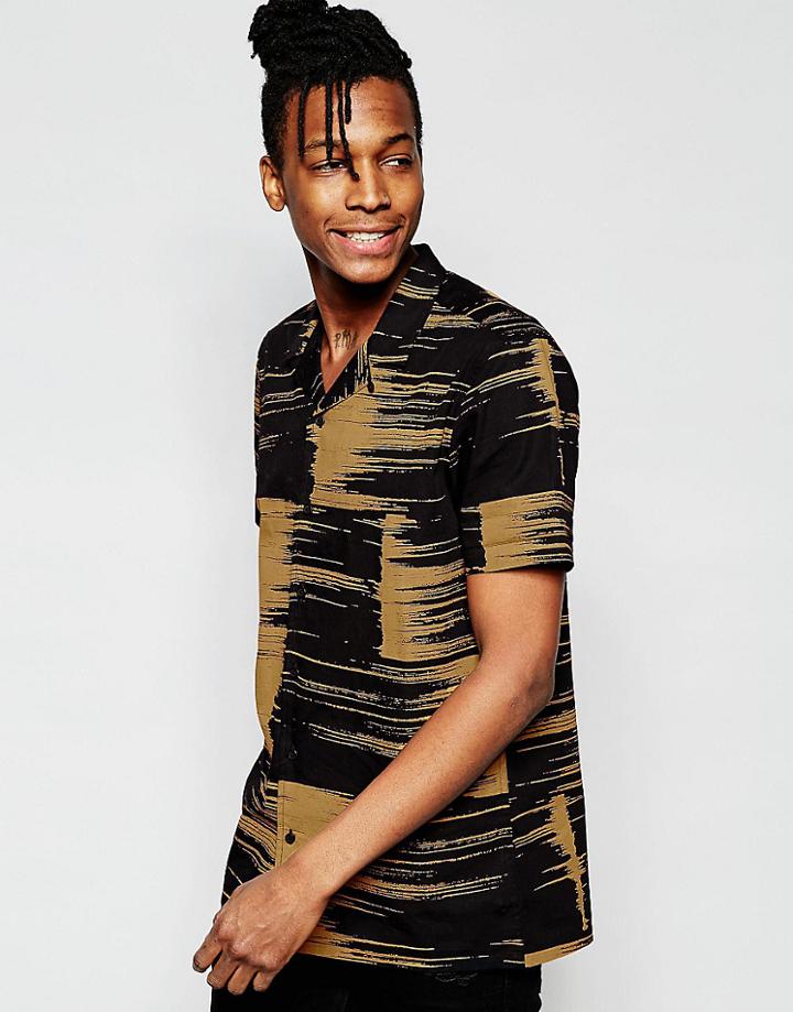 Asos Shirt With Camel Paint Strike Print In Short Sleeve - Black