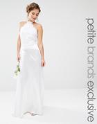 John Zack Petite Bridal Maxi Halter Dress With Lace Bodice And Sateen Skirt - White