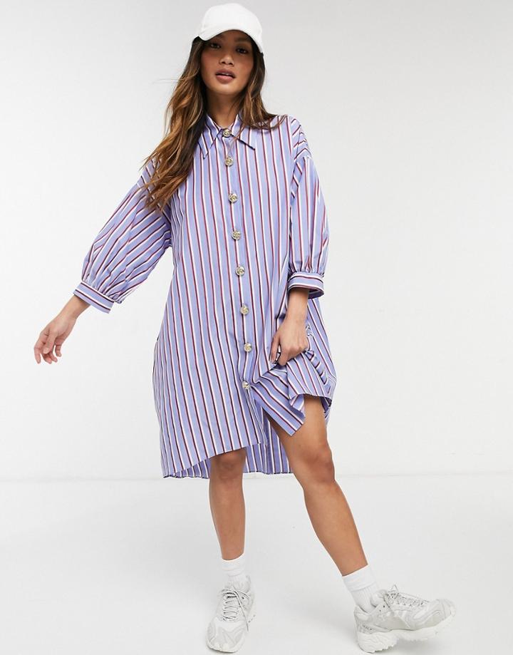 River Island Oversized Stripe Mini Shirt Dress In Blue-blues