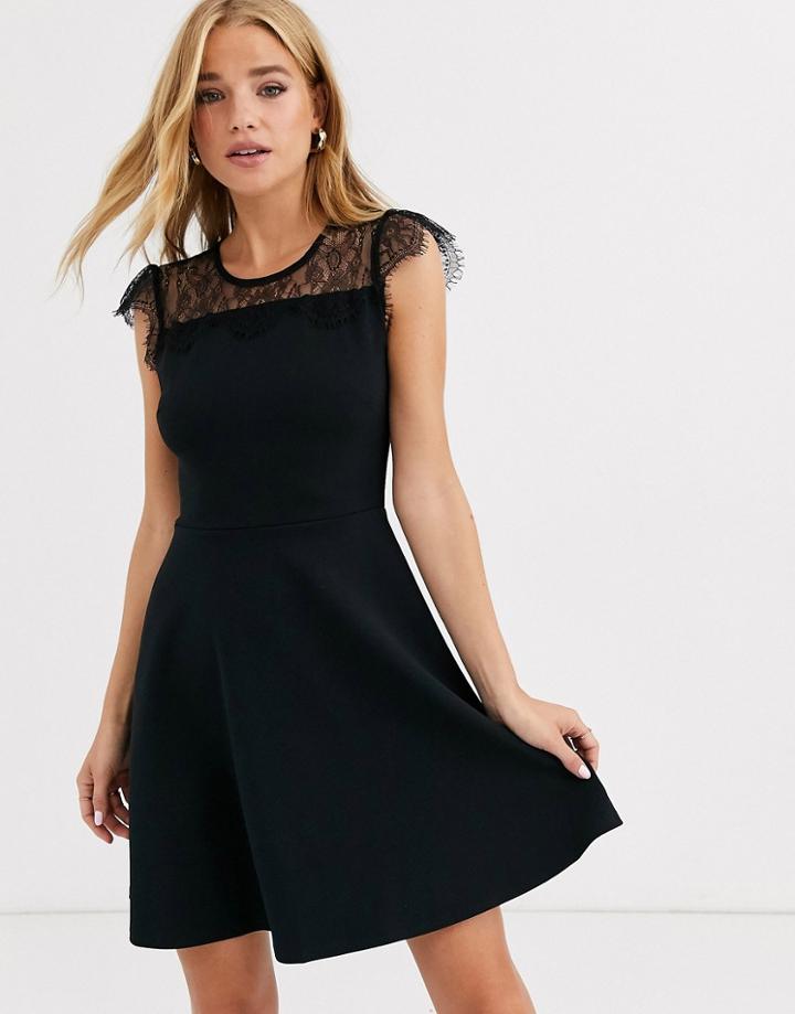 Lipsy Lace Insert Skater Dress In Black