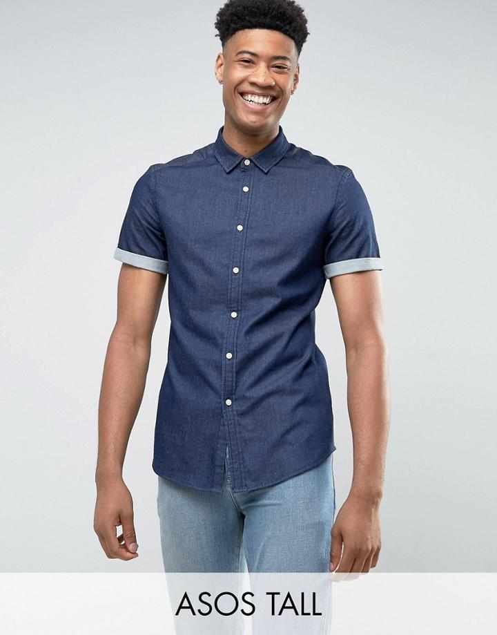 Asos Tall Skinny Denim Shirt In Rinse Wash - Navy