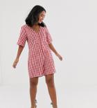 Glamorous Petite Relaxed Button Through Swing Romper In Gingham-red