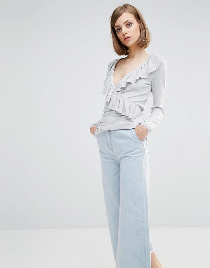 Lost Ink Wrap Front Cardigan With Frill Details - Gray Marl