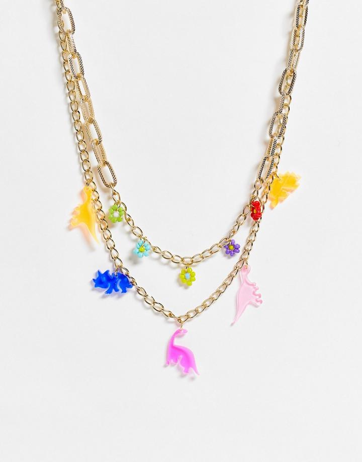 Madein Two Tier Necklace In Gold With Resin Charms In Multicolors