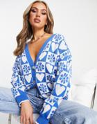 Trendyol Heart & Flower Cardigan In Blue