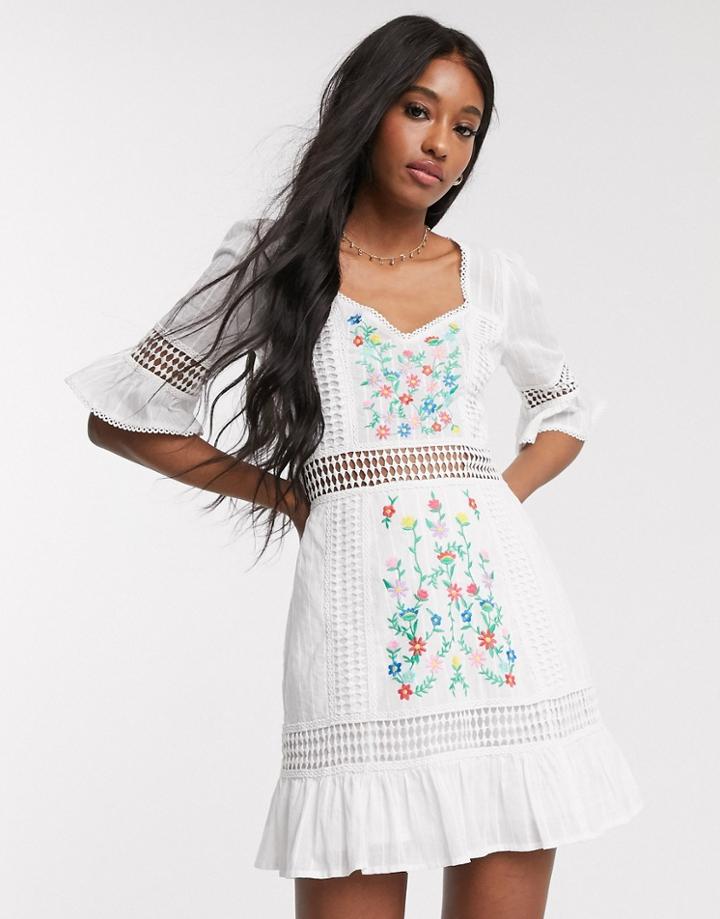 Asos Design Embroidered Tiered Mini Dress With Lace Inserts In White