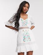 Asos Design Embroidered Tiered Mini Dress With Lace Inserts In White