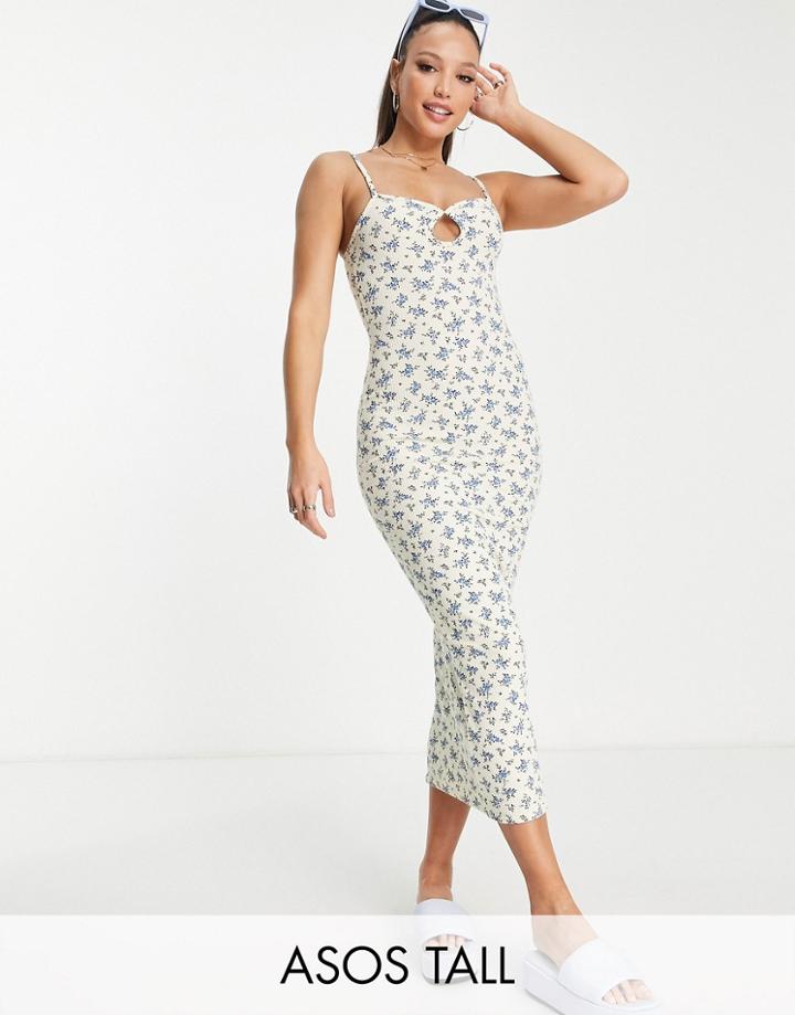 Asos Design Tall Textured Strappy Keyhole Detail Midi Dress In Cream And Blue Ditsy-multi