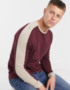 Asos Design Organic Long Sleeve T-shirt With Contrast Shoulder Panel In Burgundy - Red