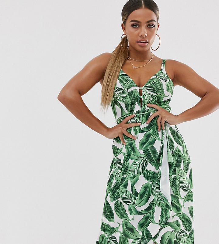 Asos Design Petite Midi Wrap Sundress With Tassle Belt In Palm Print-multi