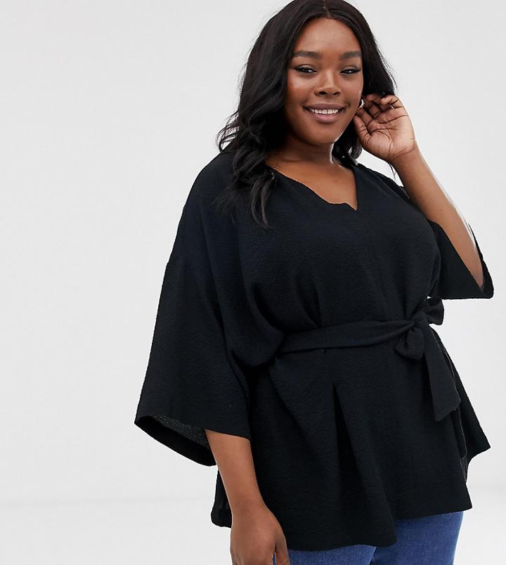 Asos Design Curve Textured 3/4 Sleeve Oversized Top With V Neck And Tie Waist-black
