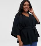 Asos Design Curve Textured 3/4 Sleeve Oversized Top With V Neck And Tie Waist-black