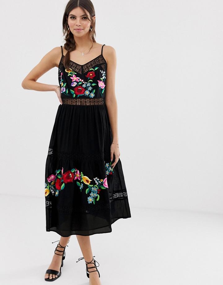 Asos Design Cami Trapeze Embroidered Midi Dress-black