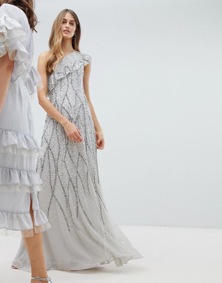 Amelia Rose Frill One Shoulder All Over Embellished Maxi Dress - Gray
