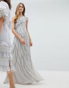 Amelia Rose Frill One Shoulder All Over Embellished Maxi Dress - Gray