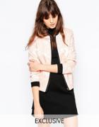 Helene Berman Bomber Jacket In Peach Floral Embroidered - Peach