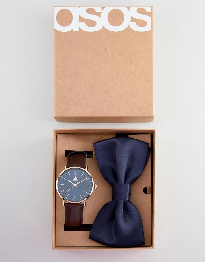 Asos Design Watch And Bowtie Set In Brown And Navy - Brown