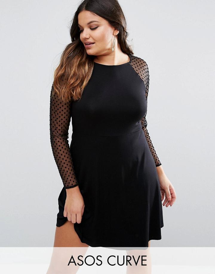 Asos Curve Skater Dress With Spot Mesh Sleeve - Black