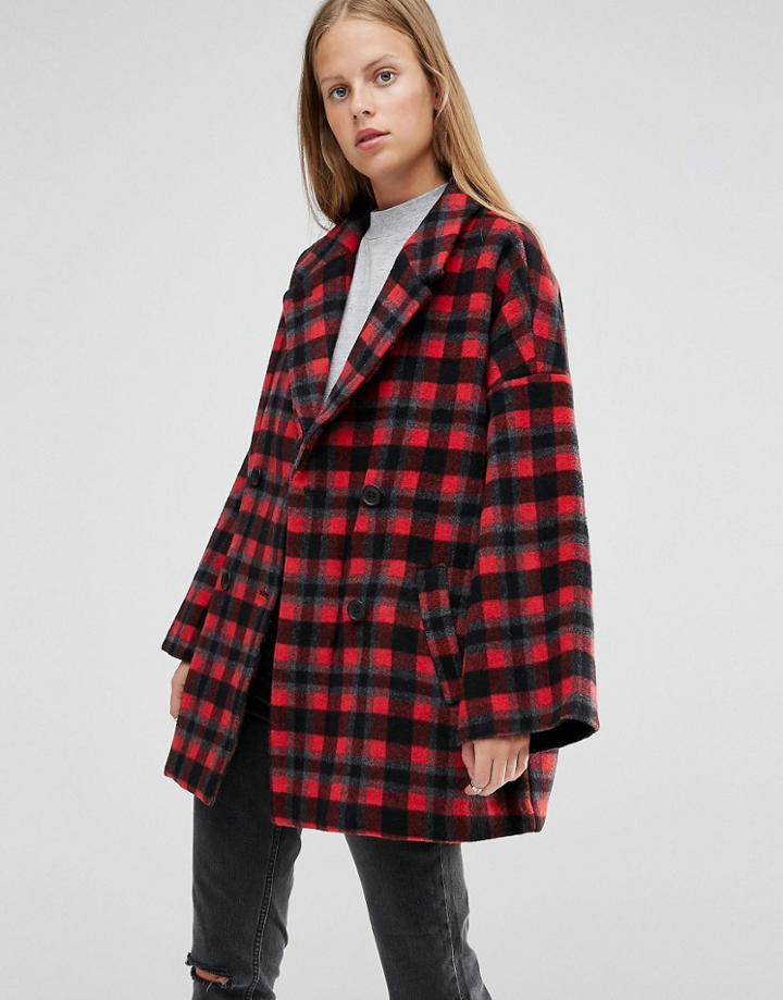 Ganni Double Breasted Coat In Red Check - Multi