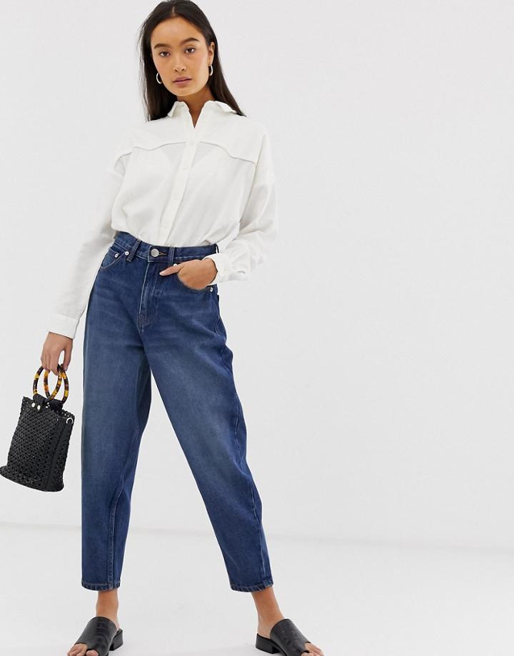 Asos Design Balloon Leg Boyfriend Jeans In Dark Mid Wash Blue - Blue