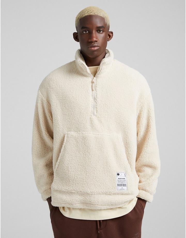 Bershka Oversized Half Zip Sweater In Beige Teddy Borg-neutral