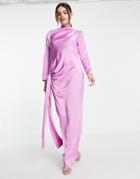 Asos Design Satin Maxi Dress With Tie Detail And Wrap Skirt In Purple
