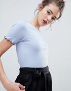 Monki Frill Edge Ribbed T-shirt In Light Blue - Blue