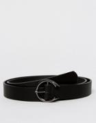Asos Skinny Belt In Black Faux Leather With Rounded Buckle In Gunmetal - Black