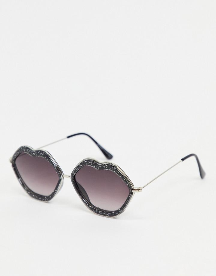 Aj Morgan Lip Sunglasses In Black Glitter
