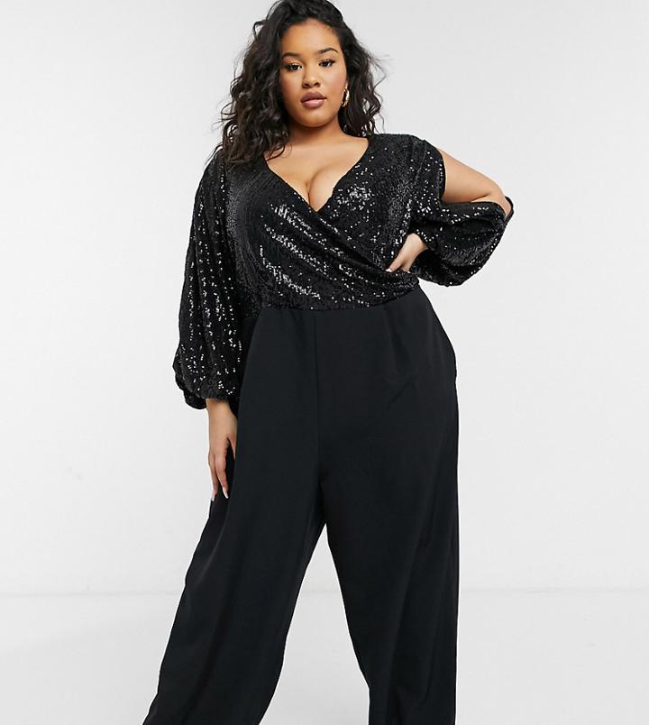 Ever New Curve Embellished Jumpsuit With Plunge Neck And Open Sleeve In Black