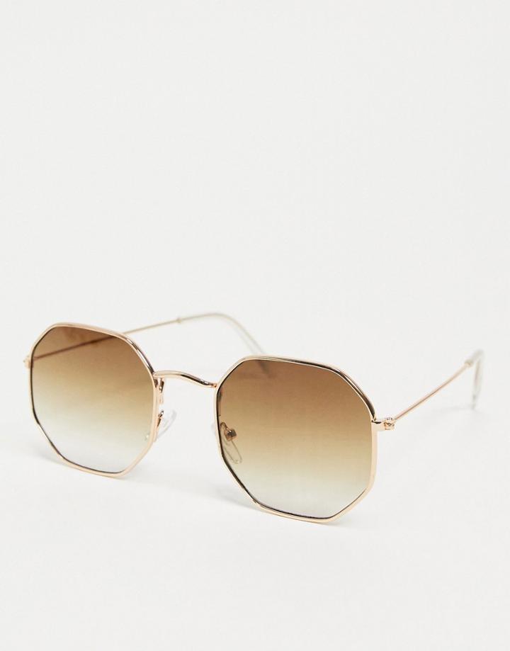 Asos Design Hexagon Metal Sunglasses With Grad Brown Lens In Gold