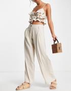 Skylar Rose 2 Piece Wide Leg Pants With Frill Crop Top In Taupe-neutral