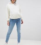 Asos Design Maternity Kimmi Boyfriend Jeans In Mid Wash Blue With Vertical Seam Detail With Over The Bump Waistband