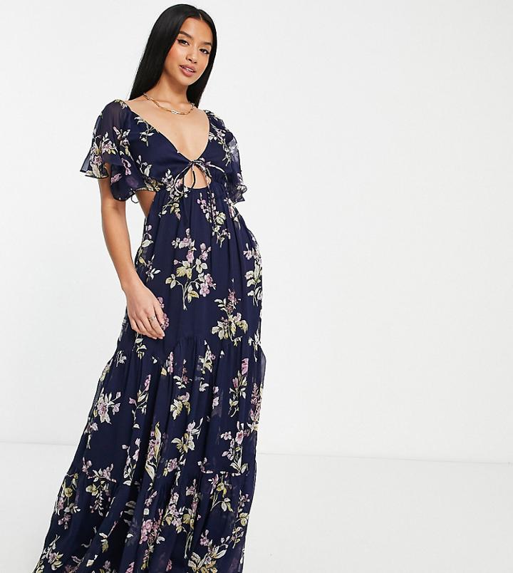 Asos Design Petite Soft Tiered Maxi Dress With Tie Front In Print-multi