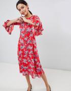 Traffic People Floral Print Midi Dress With Flute Sleeve - Red