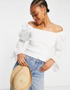 Asos Design Sweater With Volume Woven Sleeves In White