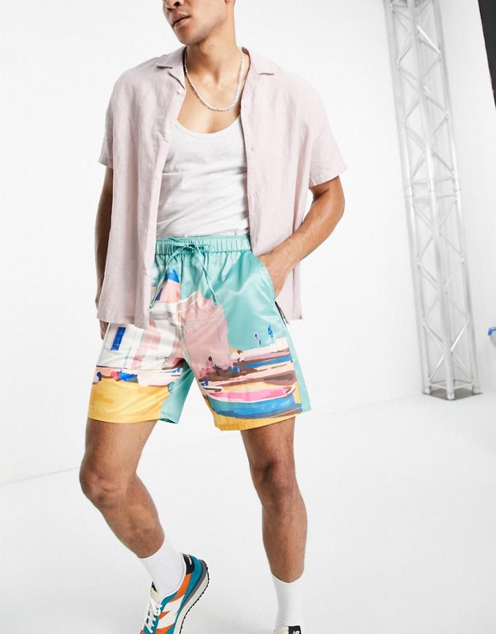 Asos Design Skater Shorts In Satin With Scenic Print-multi