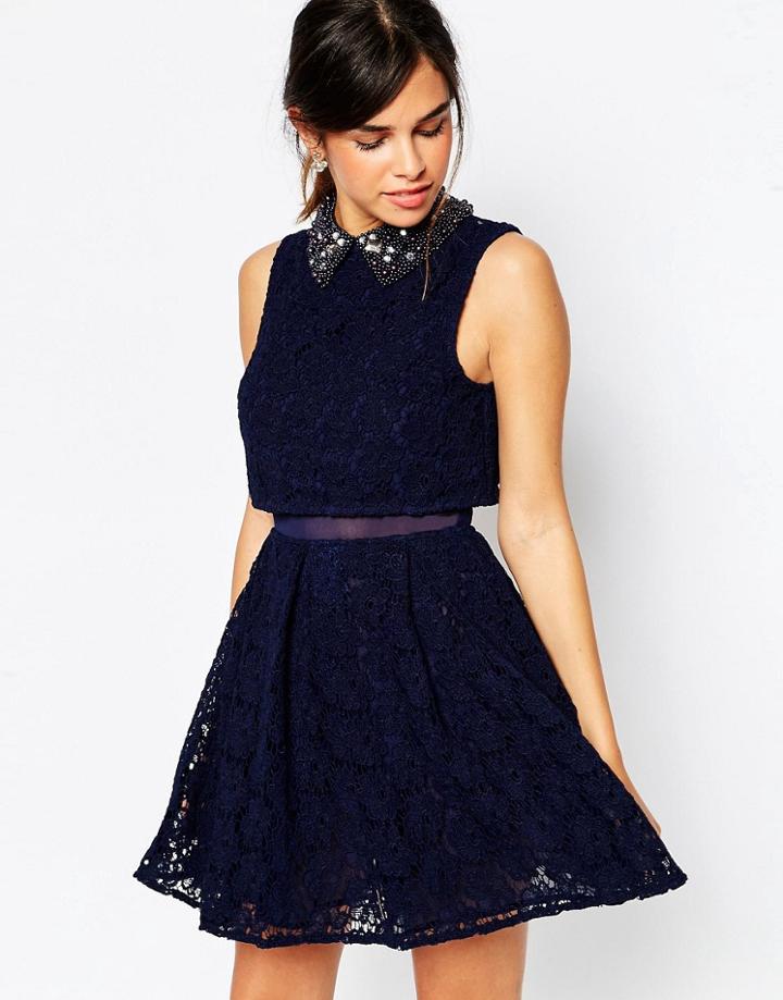 Asos Embellished Collar Lace Crop Top Mini Skater Dress - Navy
