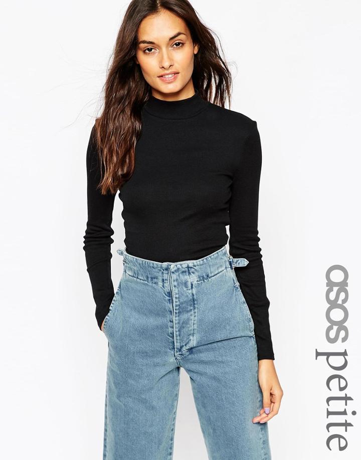 Asos Petite Crop Top With Long Sleeves And Turtle Neck - Black