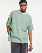 Asos Design Oversized Waffle T-shirt In Khaki Contrast Ringer In-green