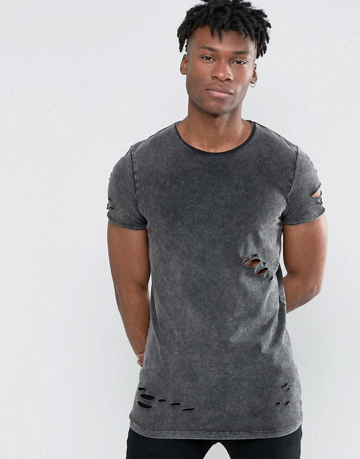 Asos Longline Muscle T-shirt With Acid Wash In Grey - Gray