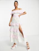Miss Selfridge Bardot Frill Detail Midi Dress In Mix Floral And Gingham Print-multi